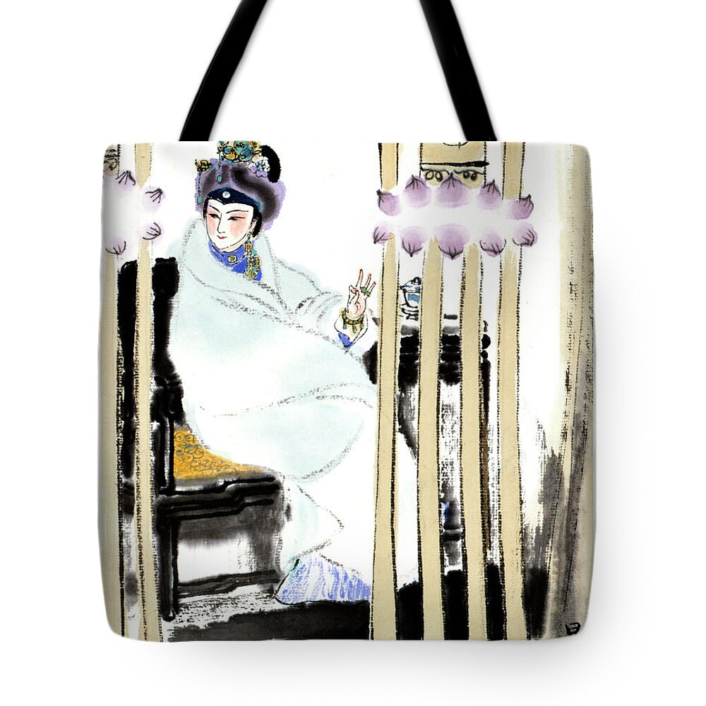 Liu Danzhai Tote Bag featuring the painting Dream of the Red Chamber - Woman Wrapped In Cloak And Sitting by Liu Danzhai