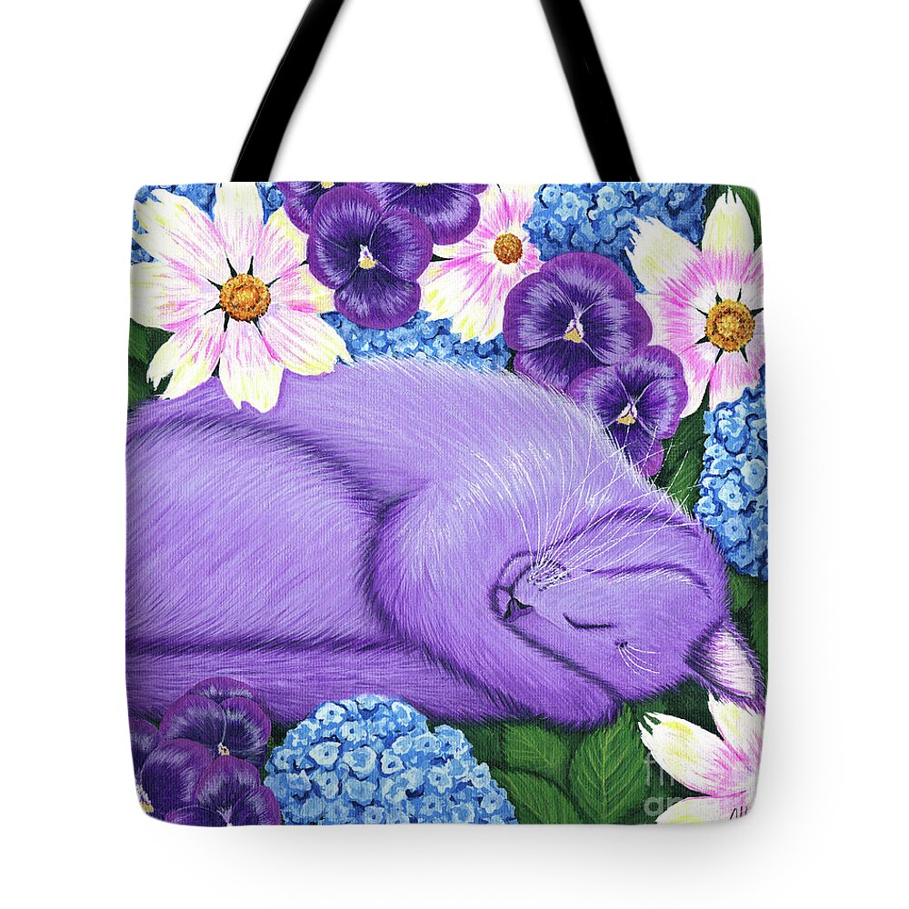 Dreaming Tote Bag featuring the painting Dreaming Sleeping Purple Cat Spring Flowers by Carrie Hawks