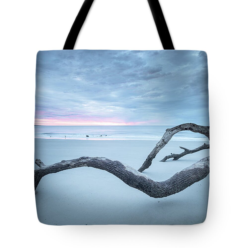 Driftwood Beach Tote Bag featuring the photograph Driftwood At Blue Hour by Jordan Hill