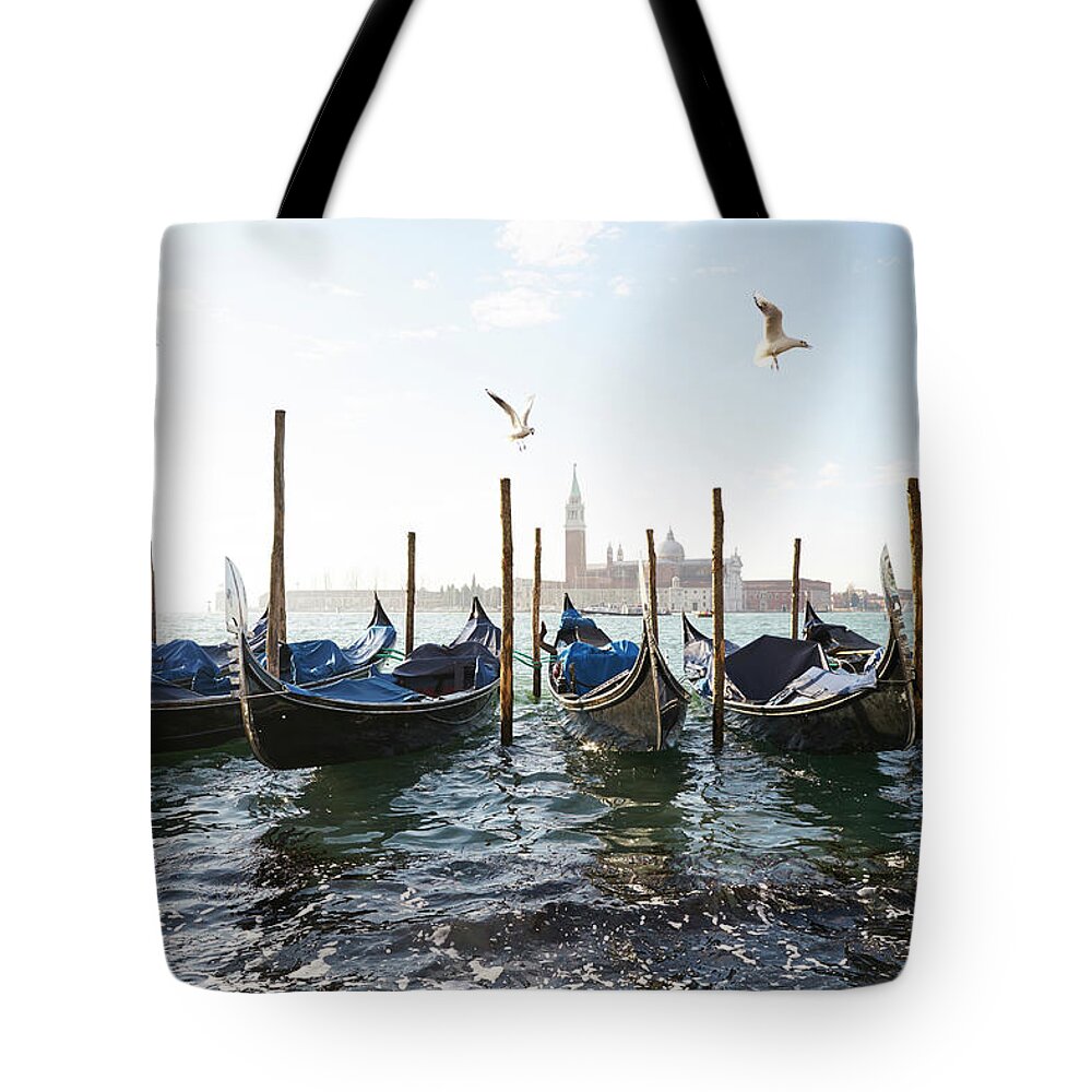 Art Tote Bag featuring the photograph Dsc6469 - Seagulls on blu gondola, Venice by Marco Missiaja