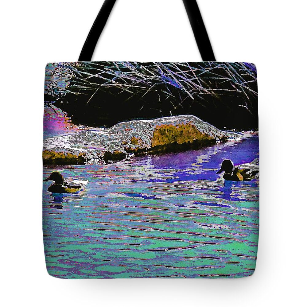 Ducks Tote Bag featuring the photograph Ducks in Colored River by Andrew Lawrence