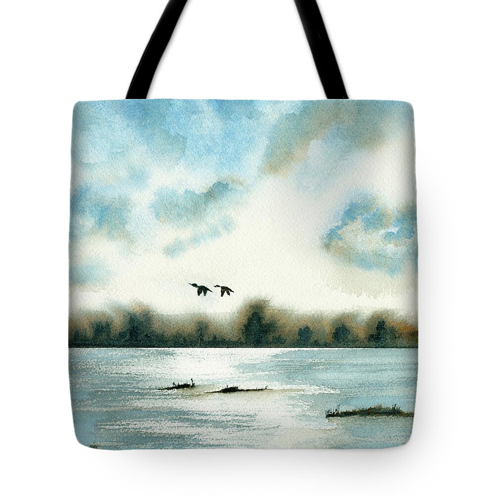 Landscape Tote Bag featuring the painting Ducks Take Flight At Twilight by Deborah League
