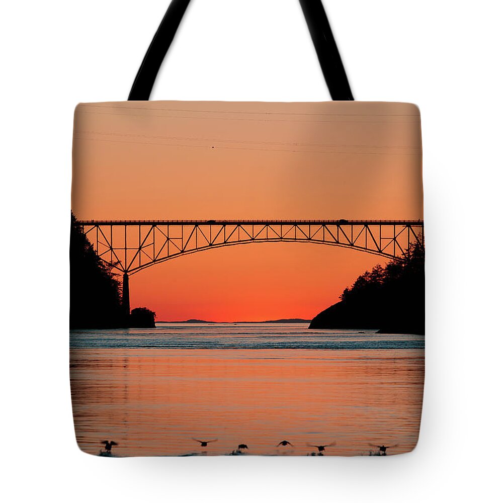 Deception Pass Tote Bag featuring the photograph Ducks Under the Bridge by Michael Rauwolf