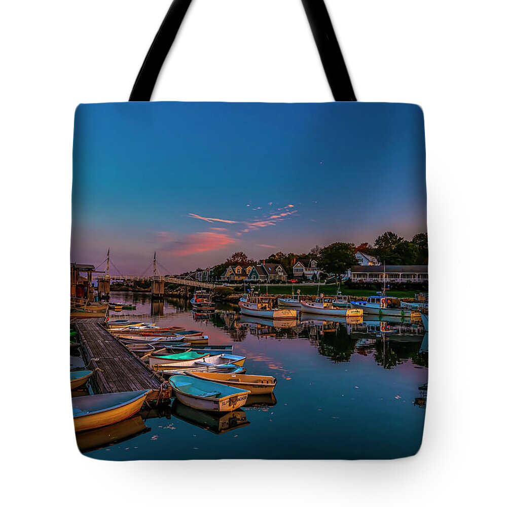 Perkins Cove Tote Bag featuring the photograph Dusk at Perkins Cove by Penny Polakoff