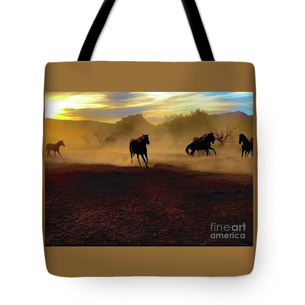 Salt River Wild Horses Tote Bag featuring the digital art Dust Storm Rollin In by Tammy Keyes