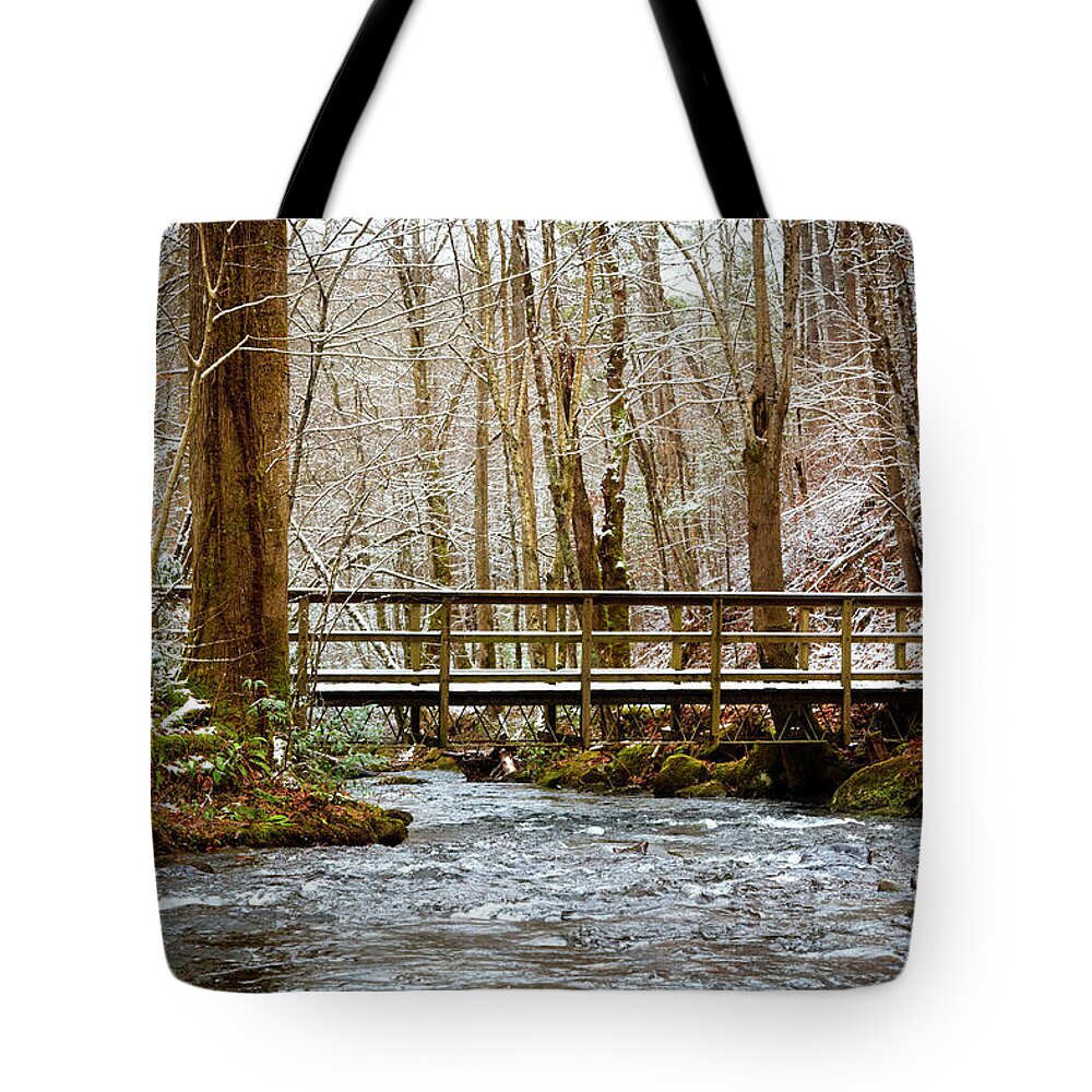 Carolina Tote Bag featuring the photograph Dusting of Snow on the Bridge by Debra and Dave Vanderlaan