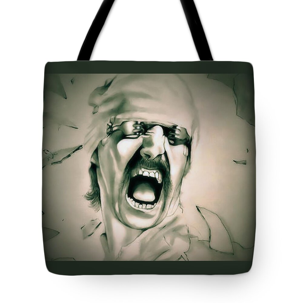 Scorpions Tote Bag featuring the drawing Dynamite - Scorpions - Moss Edition by Fred Larucci