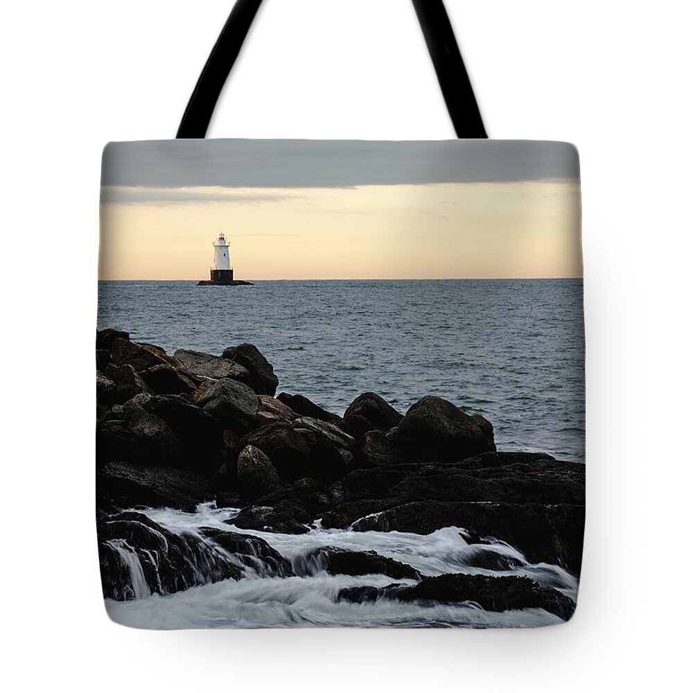 Andrew Pacheco Tote Bag featuring the photograph Early Morning At Sakonnet Point Lighthouse by Andrew Pacheco