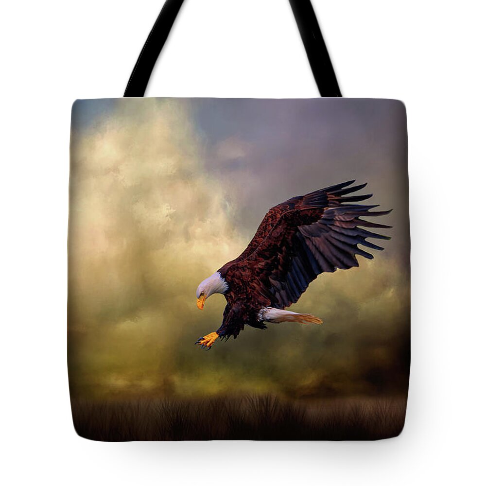 Bald Eagle Tote Bag featuring the mixed media Early Morning Hunt by Kathy Kelly