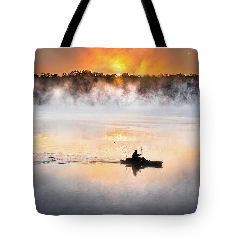 Lake Lamar Bruce Tote Bag featuring the photograph Morning Mist Kayak Fisherman Sunrise Lake Mississippi by Jordan Hill
