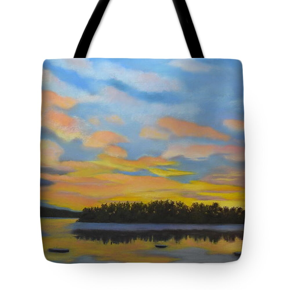 Spofford Lake Tote Bag featuring the pastel Early Morning on Spofford Lake by Carol Corliss