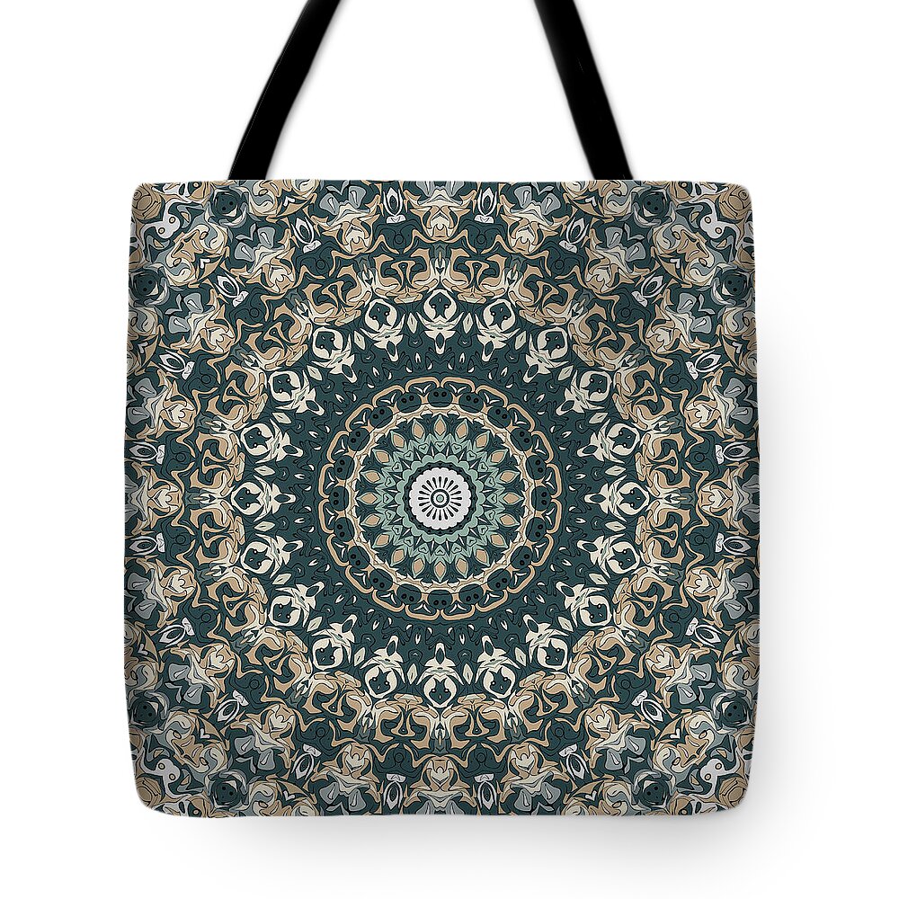Blue And Green Tote Bag featuring the digital art Earthy Mandala Kaleidoscope Medallion Flower by Mercury McCutcheon