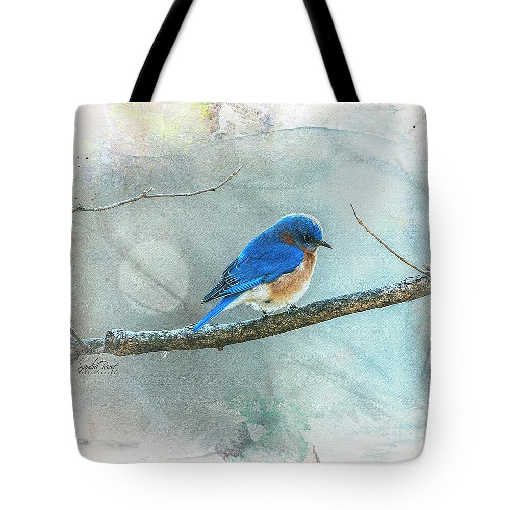 Bluebird Tote Bag featuring the photograph Eastern Bluebird Photograph Styled in Botanical by Sandra Rust