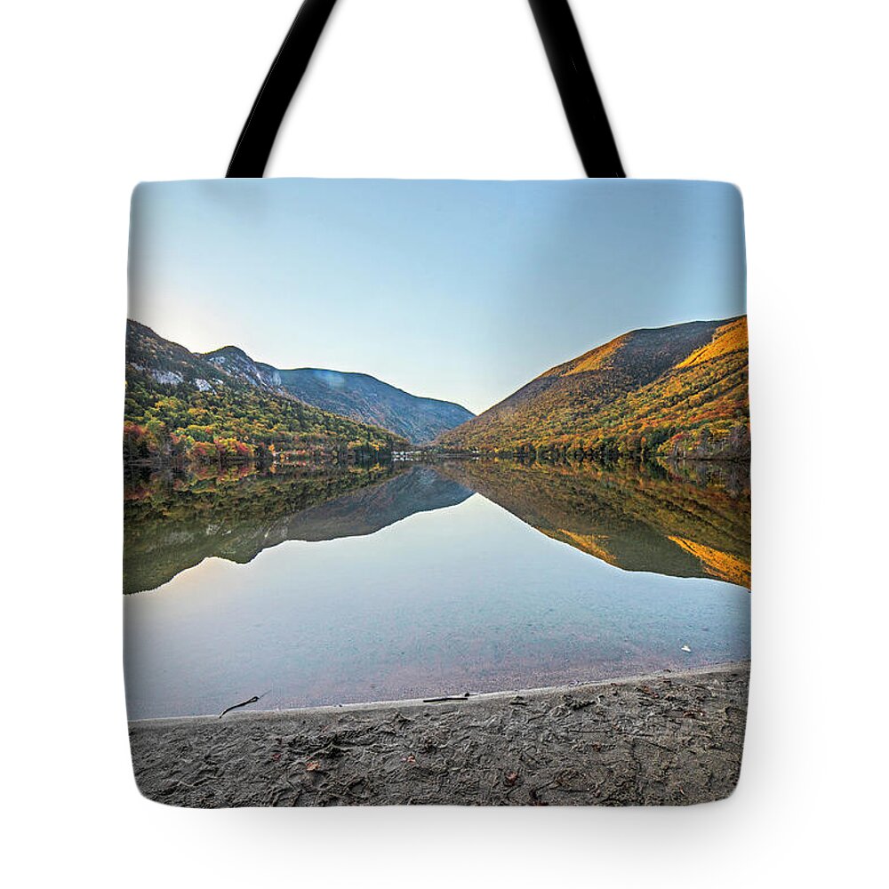 Franconia Tote Bag featuring the photograph Echo Lake Beautiful Fall Colors Franconia NH White Mountains Reflection by Toby McGuire