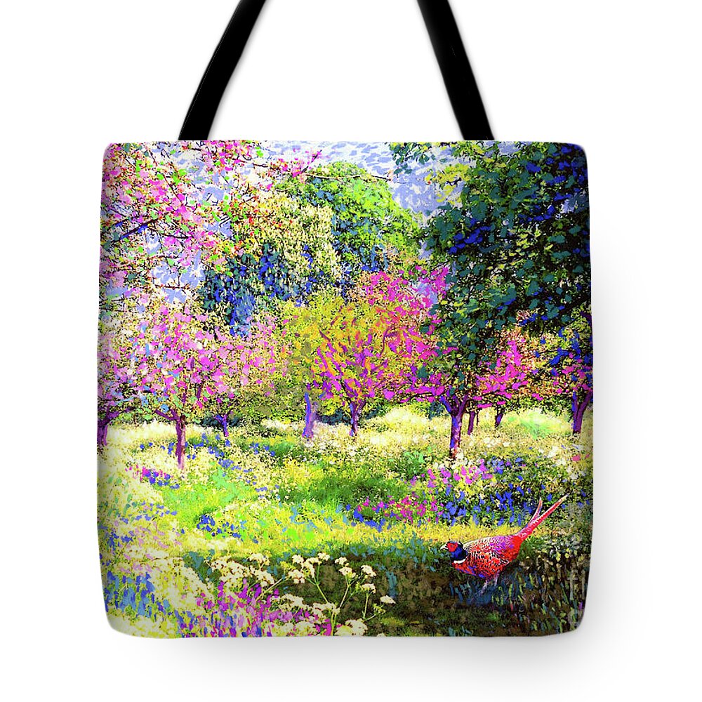 Floral Tote Bag featuring the painting Echoes from Heaven, Spring Orchard Blossom and Pheasant by Jane Small