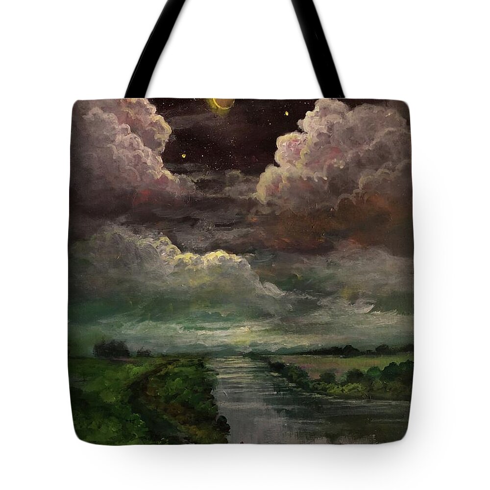 Moon Tote Bag featuring the painting Eclipse Along The River by Rand Burns