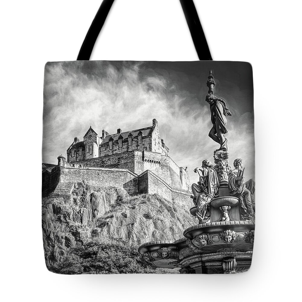 Edinburgh Castle Tote Bag featuring the photograph Edinburgh Castle and Ross Fountain Edinburgh Scotland Black and White by Carol Japp
