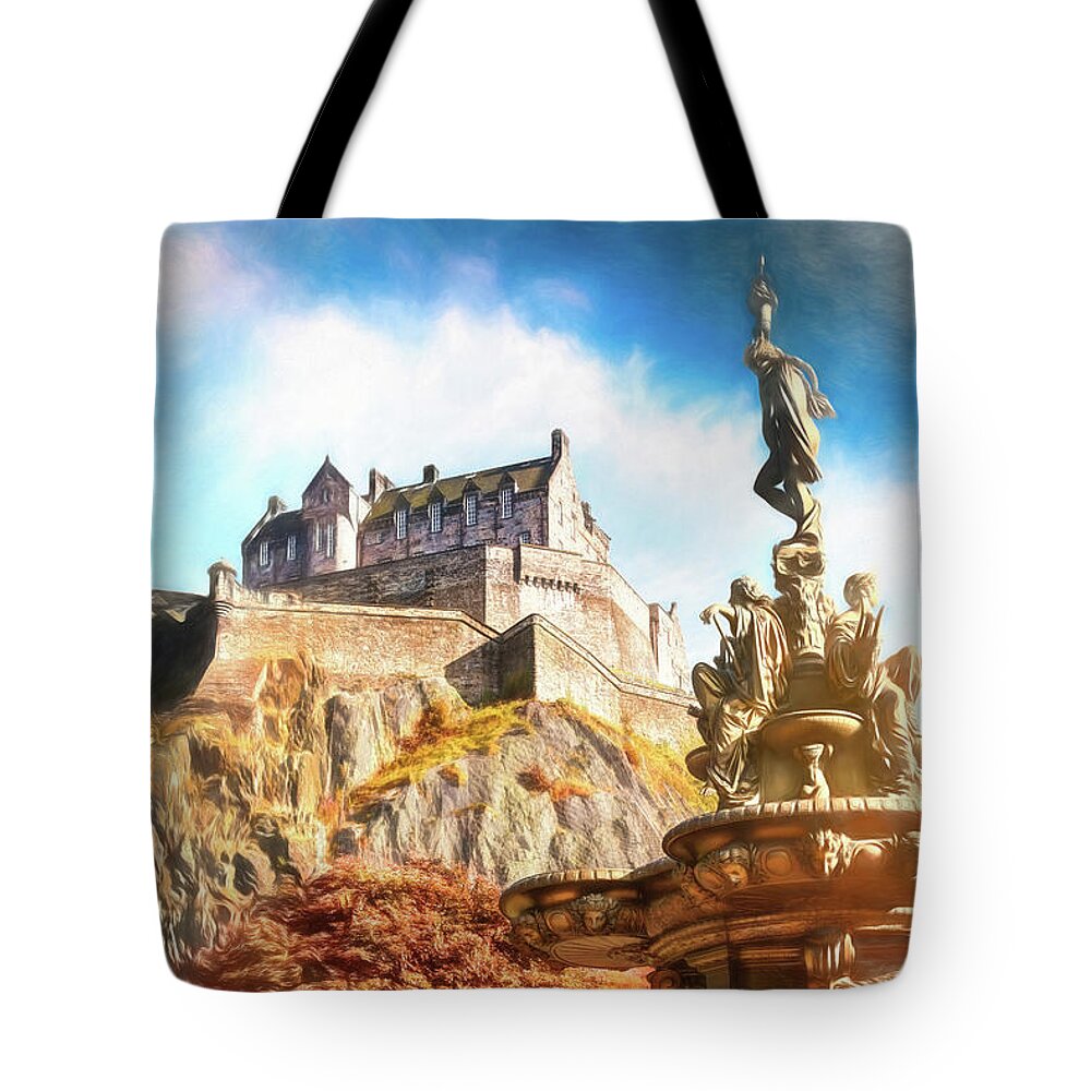 Edinburgh Castle Tote Bag featuring the photograph Edinburgh Castle and Ross Fountain Edinburgh Scotland Painterly by Carol Japp