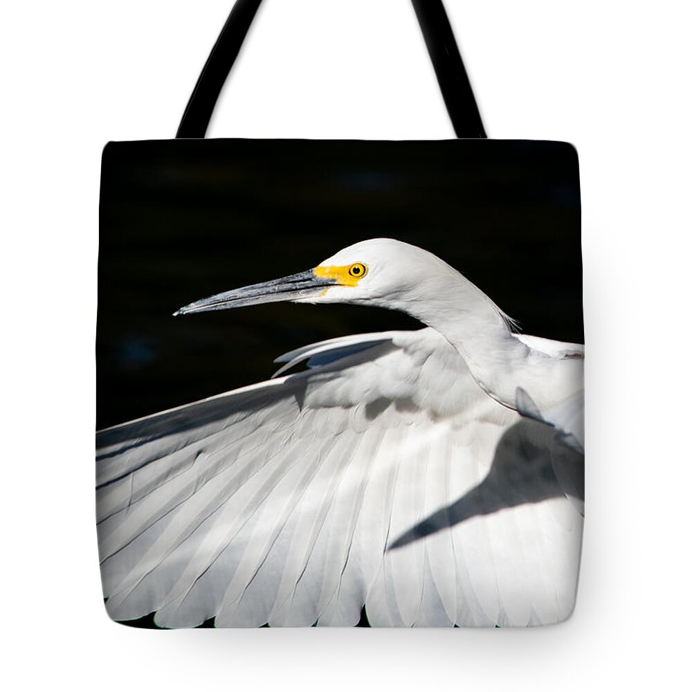 Egret Tote Bag featuring the photograph Egret in Flight by Bonny Puckett