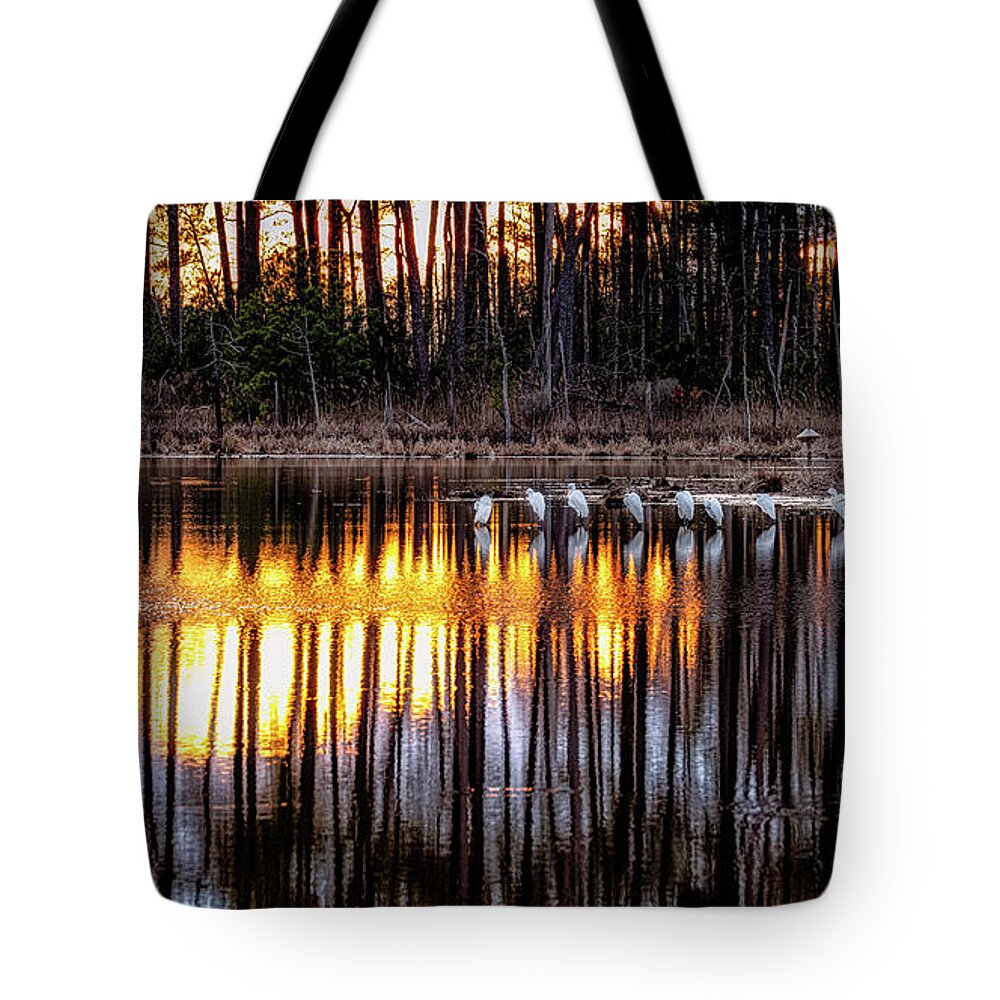 Blackwater Wildlife Refuge Tote Bag featuring the photograph Egrets at Sunset by C Renee Martin