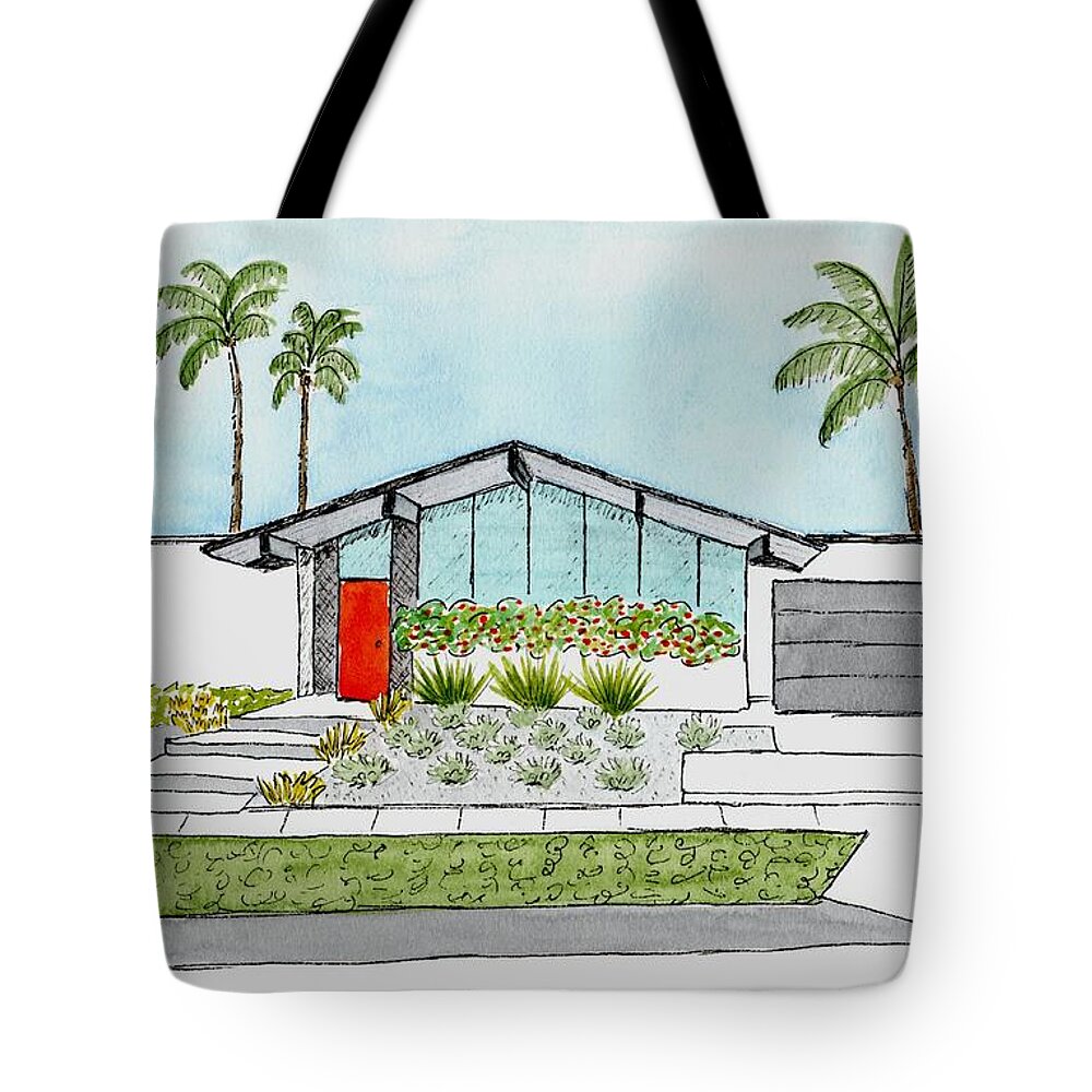 Mid Century Modern Home Tote Bag featuring the painting Eichler Home in California by Donna Mibus