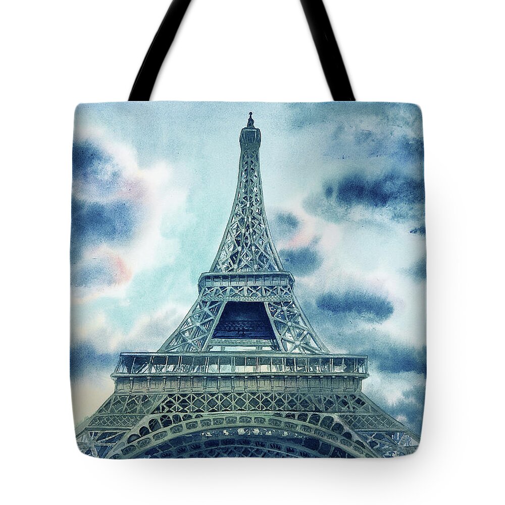 Eiffel Tower Tote Bag featuring the painting Eiffel Tower In Teal Blue Watercolor French Chic Decor by Irina Sztukowski