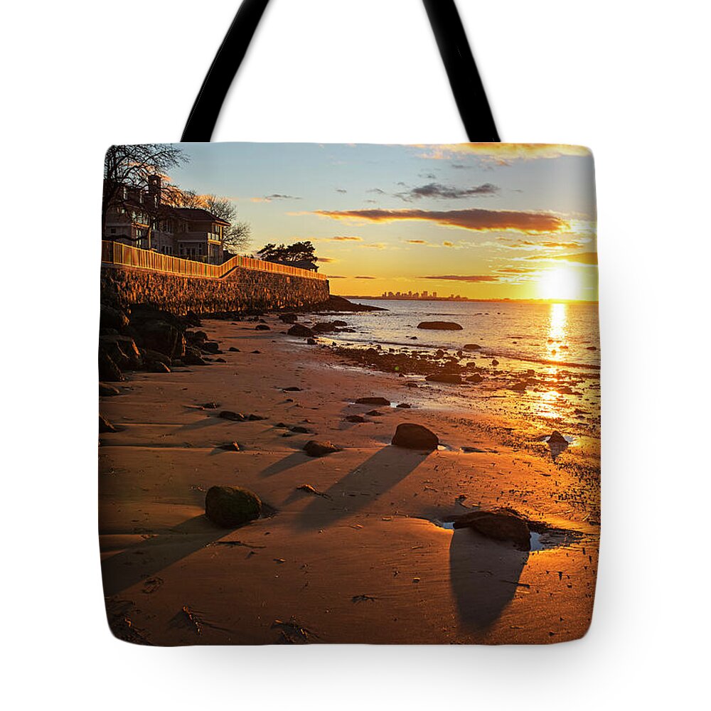 Swampscott Tote Bag featuring the photograph Fisherman's Beach Rock Wall Sunset Swampscott Massachusetts North Shore by Toby McGuire
