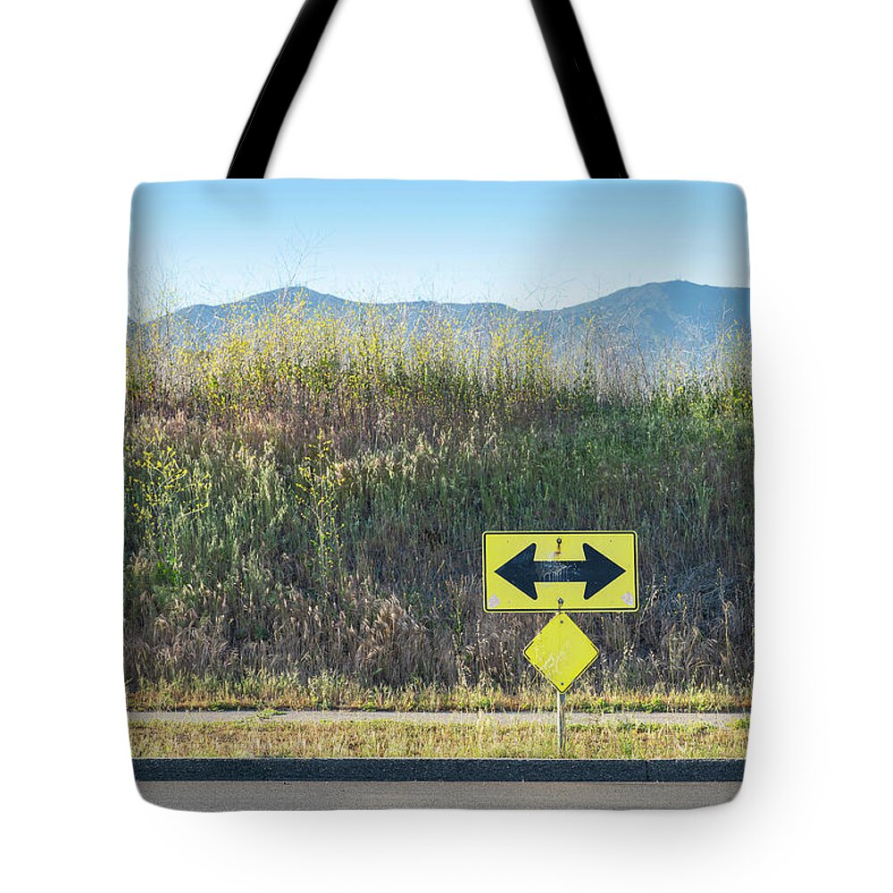 Colorful Simple Road Sign Arrow Two-way Street Santa Barbara Ca California Landscape Golden Hour Weeds Plants Mountain Sky Tote Bag featuring the photograph Either Way SS by Perry Hambright