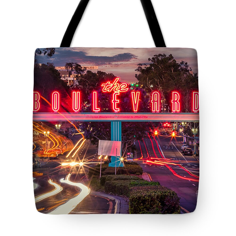 City Street Tote Bag featuring the photograph El Cajon Boulevard Neon Sign by Sam Antonio