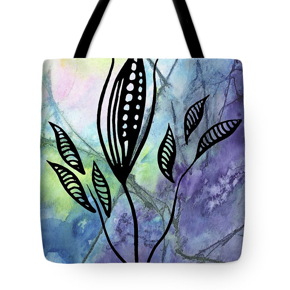 Floral Pattern Tote Bag featuring the painting Elegant Pattern With Leaves In Blue And Purple Watercolor I by Irina Sztukowski