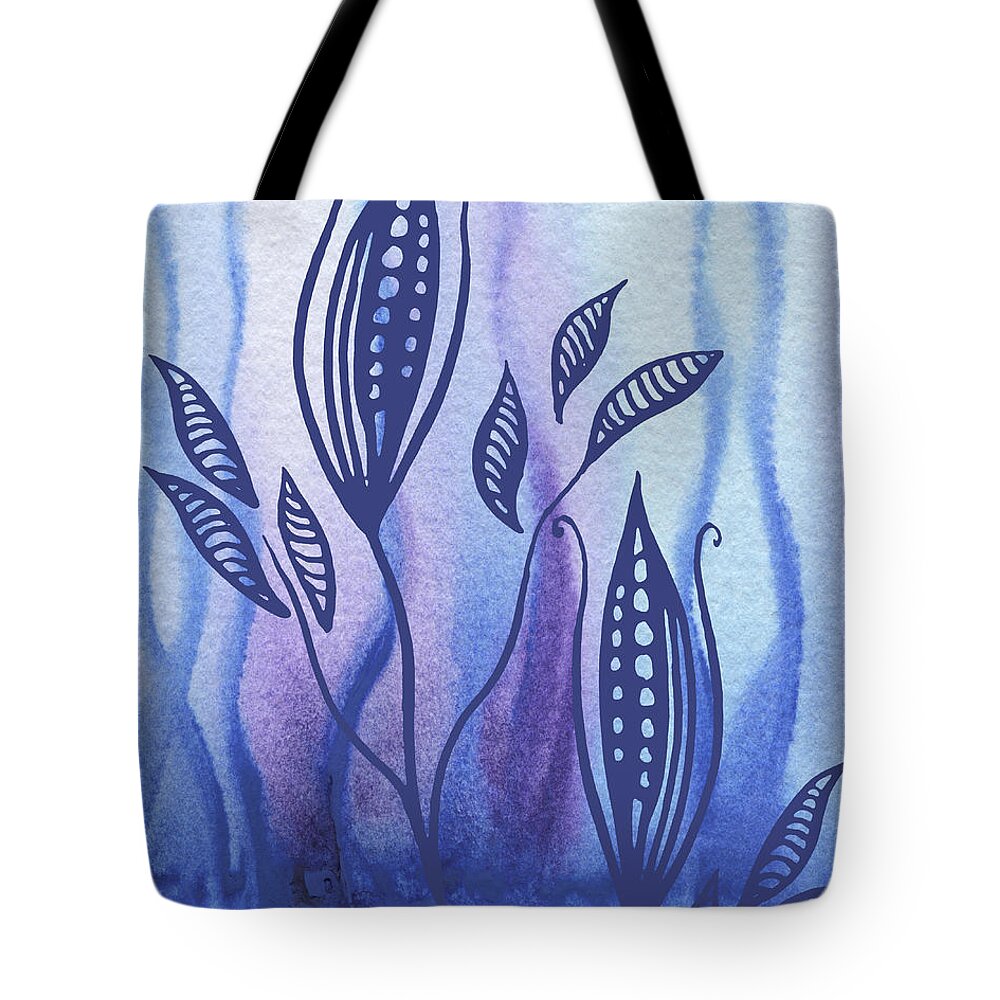 Floral Pattern Tote Bag featuring the painting Elegant Pattern With Leaves In Blue And Purple Watercolor II by Irina Sztukowski