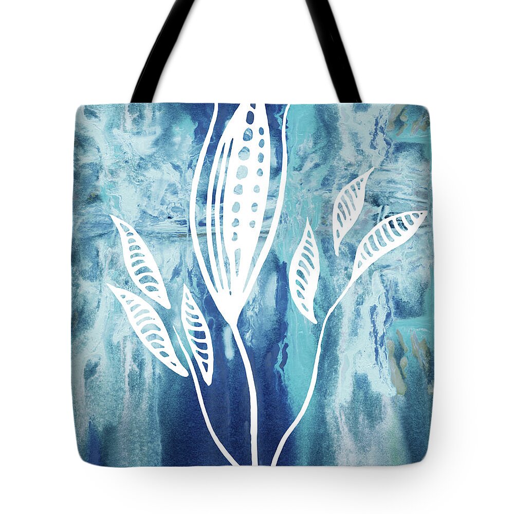 Floral Pattern Tote Bag featuring the painting Elegant Pattern With Leaves In Teal Blue Watercolor I by Irina Sztukowski