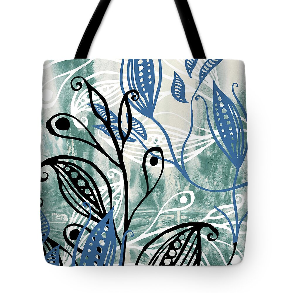 Pods Tote Bag featuring the painting Elegant Pods And Seeds Pattern With Leaves Teal Blue Watercolor III by Irina Sztukowski