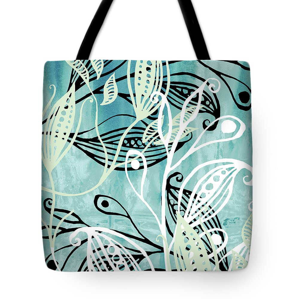 Pods Tote Bag featuring the painting Elegant Pods And Seeds Pattern With Leaves Teal Blue Watercolor IV by Irina Sztukowski