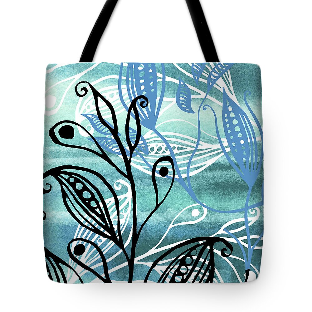 Pods Tote Bag featuring the painting Elegant Pods And Seeds Pattern With Leaves Teal Blue Watercolor VI by Irina Sztukowski