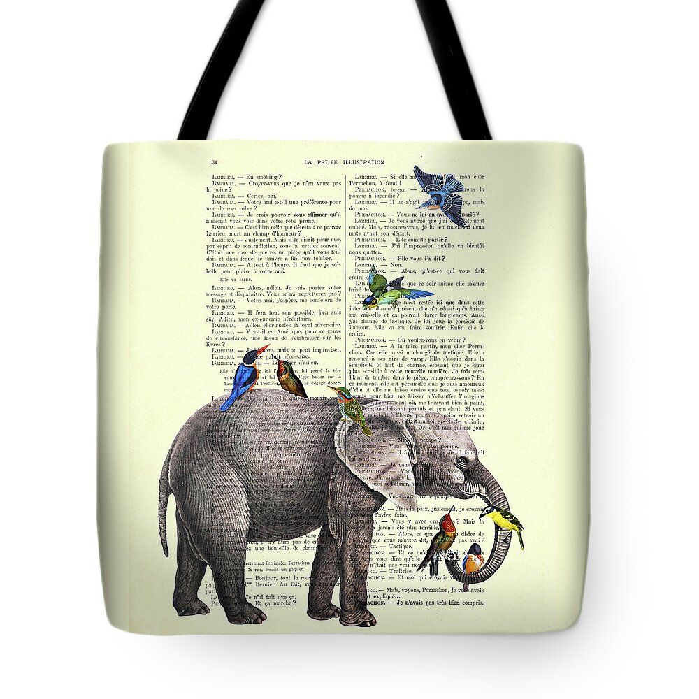 Elephant Tote Bag featuring the digital art Elephant and birds antique illustration by Madame Memento
