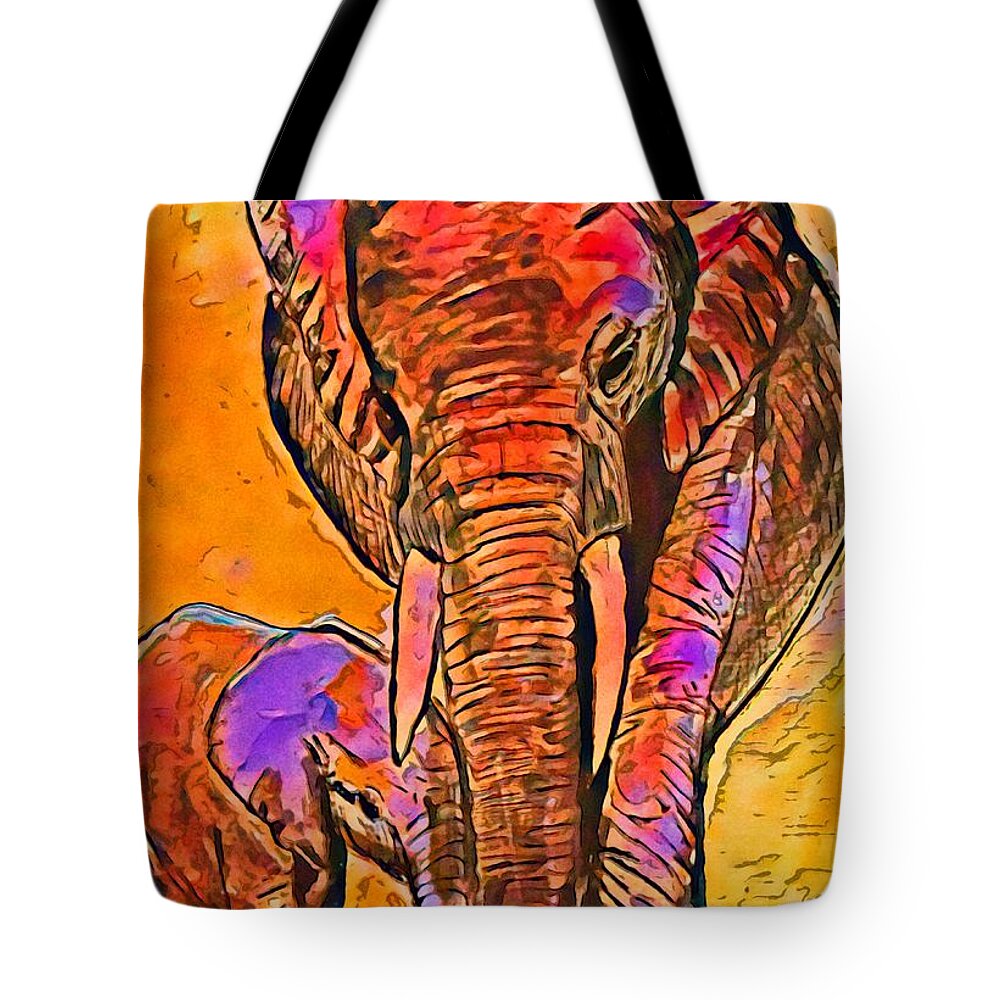 Elephant Tote Bag featuring the mixed media Elephant Stroll 1 by Eileen Backman