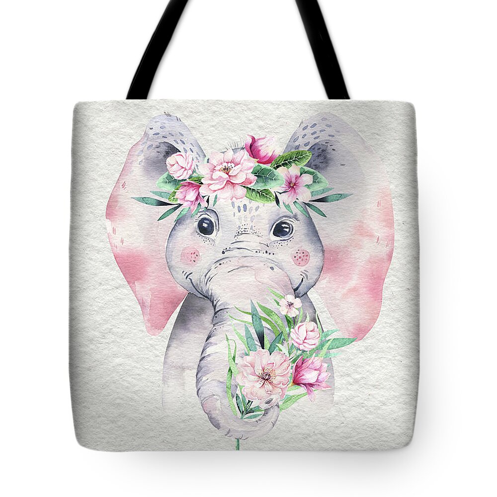Elephant Tote Bag featuring the painting Elephant With Flowers by Nursery Art