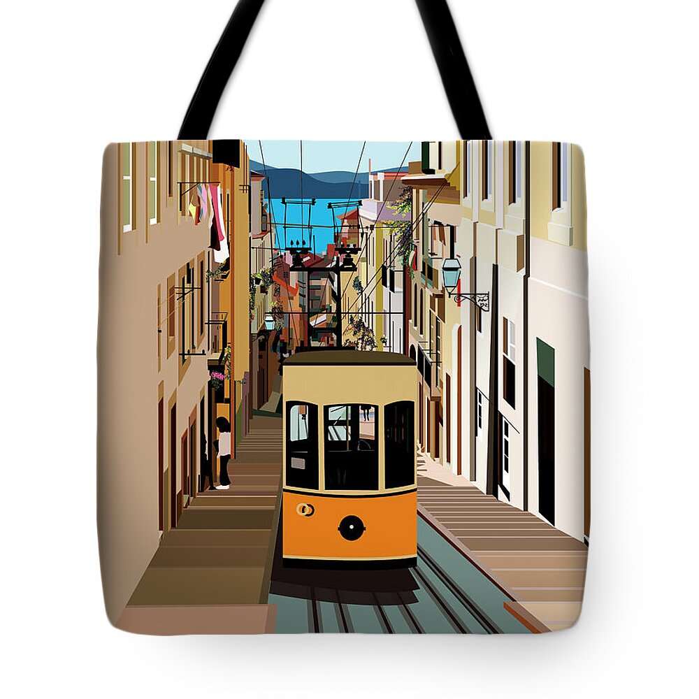 Covid-19 Tote Bag featuring the digital art Elevador da Bica-Lisbon Portugal by Isabel Salvador