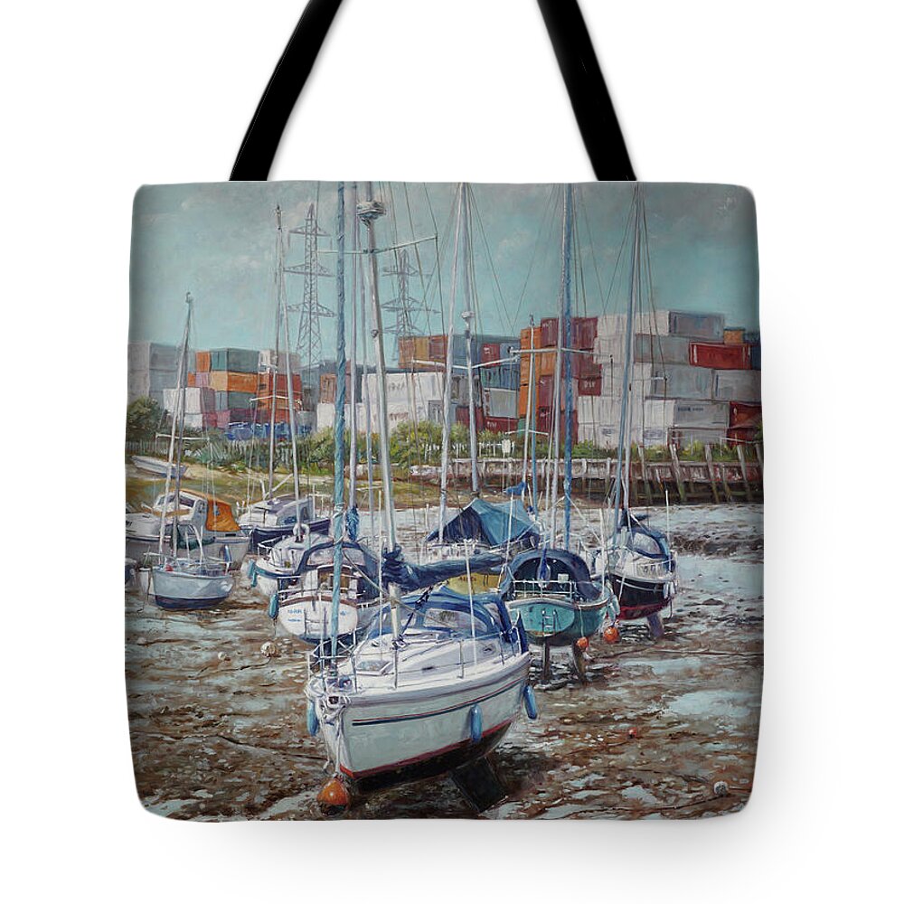 Boats Tote Bag featuring the painting Eling Yacht Southampton Containers by Martin Davey