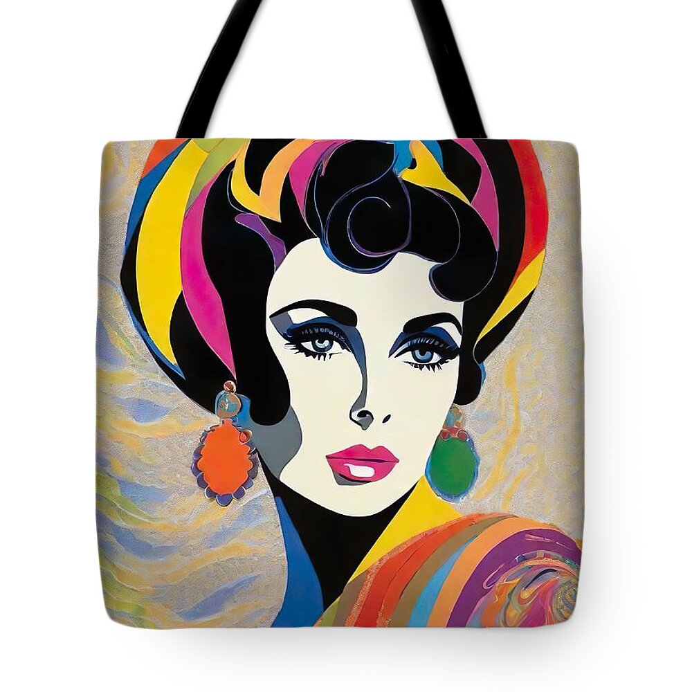 Elizabeth Taylor Tote Bag featuring the digital art Elizabeth Taylor abstract portrait by Movie World Posters