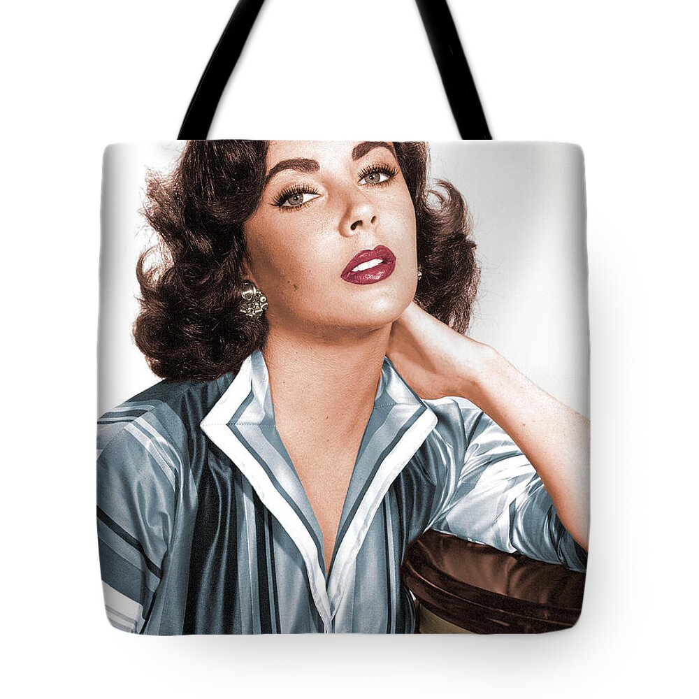 Elizabeth Tote Bag featuring the photograph Elizabeth Taylor colorized photo by Movie World Posters