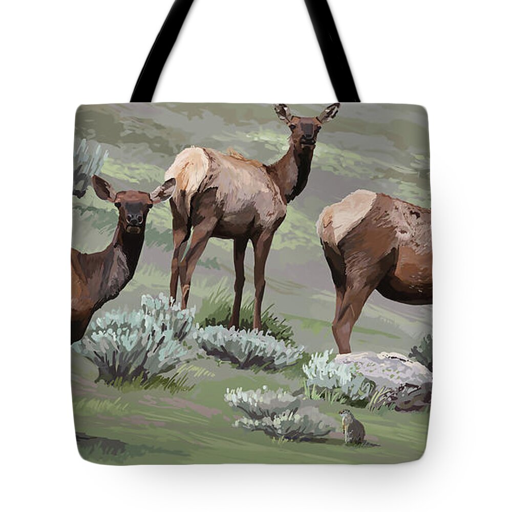 Animals Tote Bag featuring the digital art Elk Cows Trio by Pam Little
