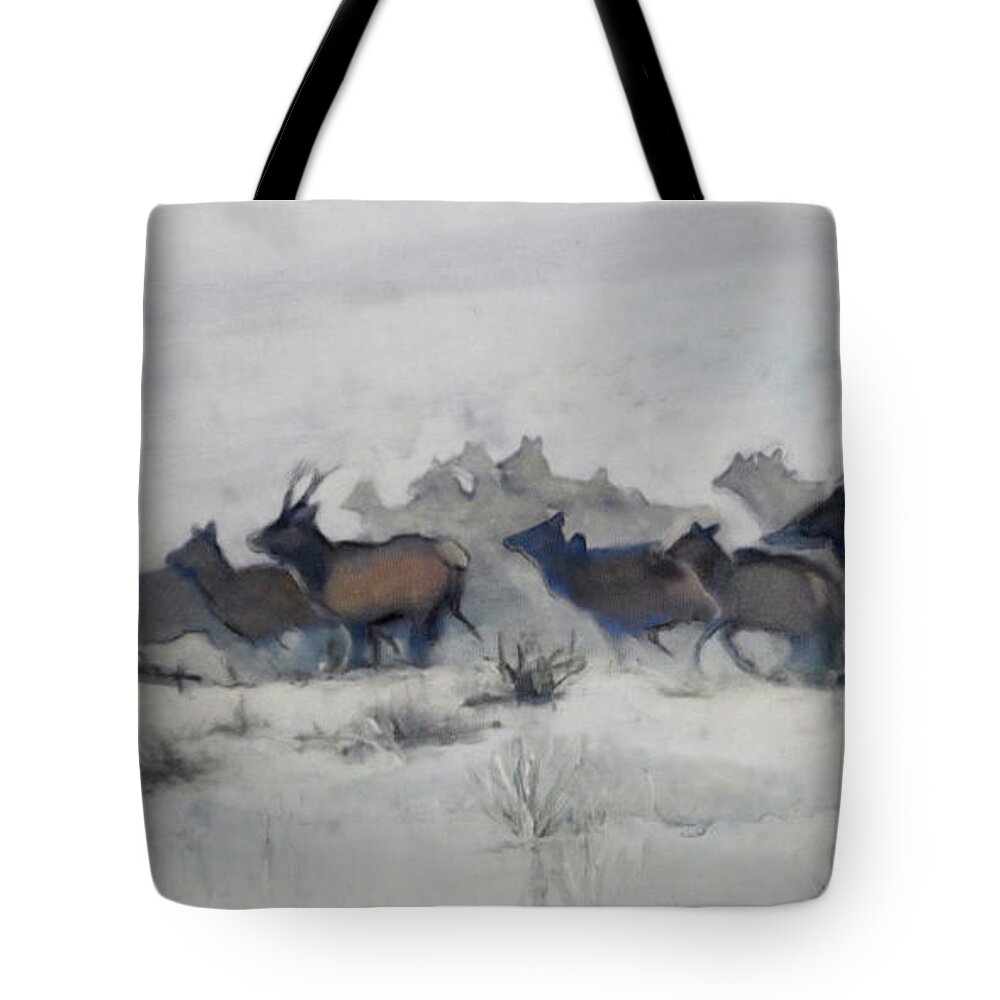 Elk Tote Bag featuring the painting Elk Migration, 2019 by PJ Kirk