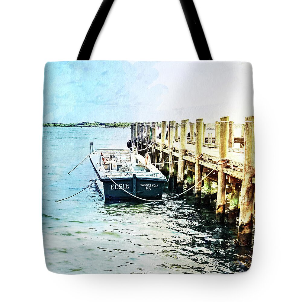 Cape Cod Tote Bag featuring the mixed media Elsie on the Water by Marianne Campolongo