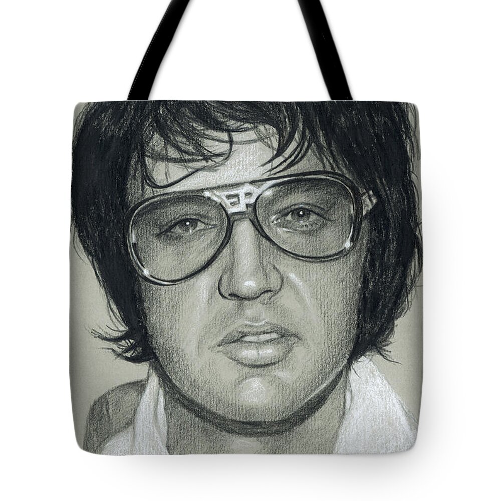 Elvis Tote Bag featuring the drawing Elvis in Charcoal #278 by Rob De Vries
