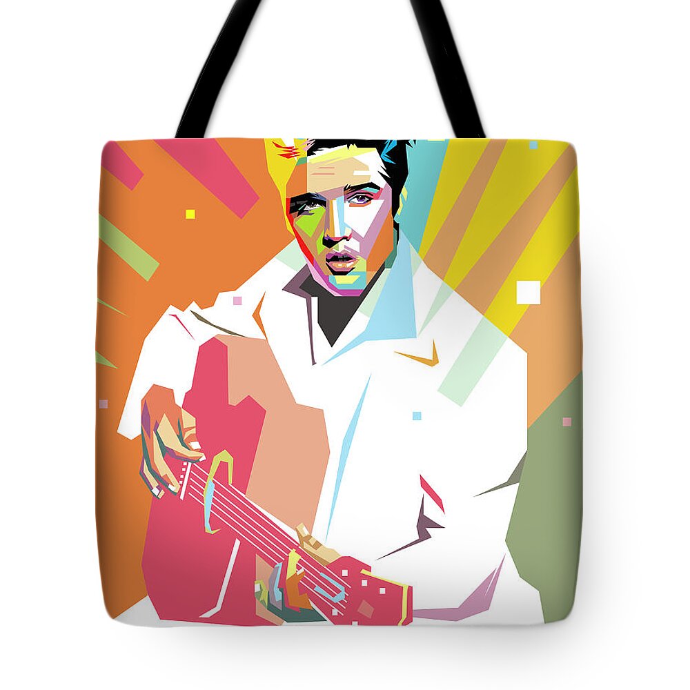 Elvis Presley Tote Bag featuring the digital art Elvis Presley Playing Guitar Wpap Pop Art 2 by Ahmad Nusyirwan