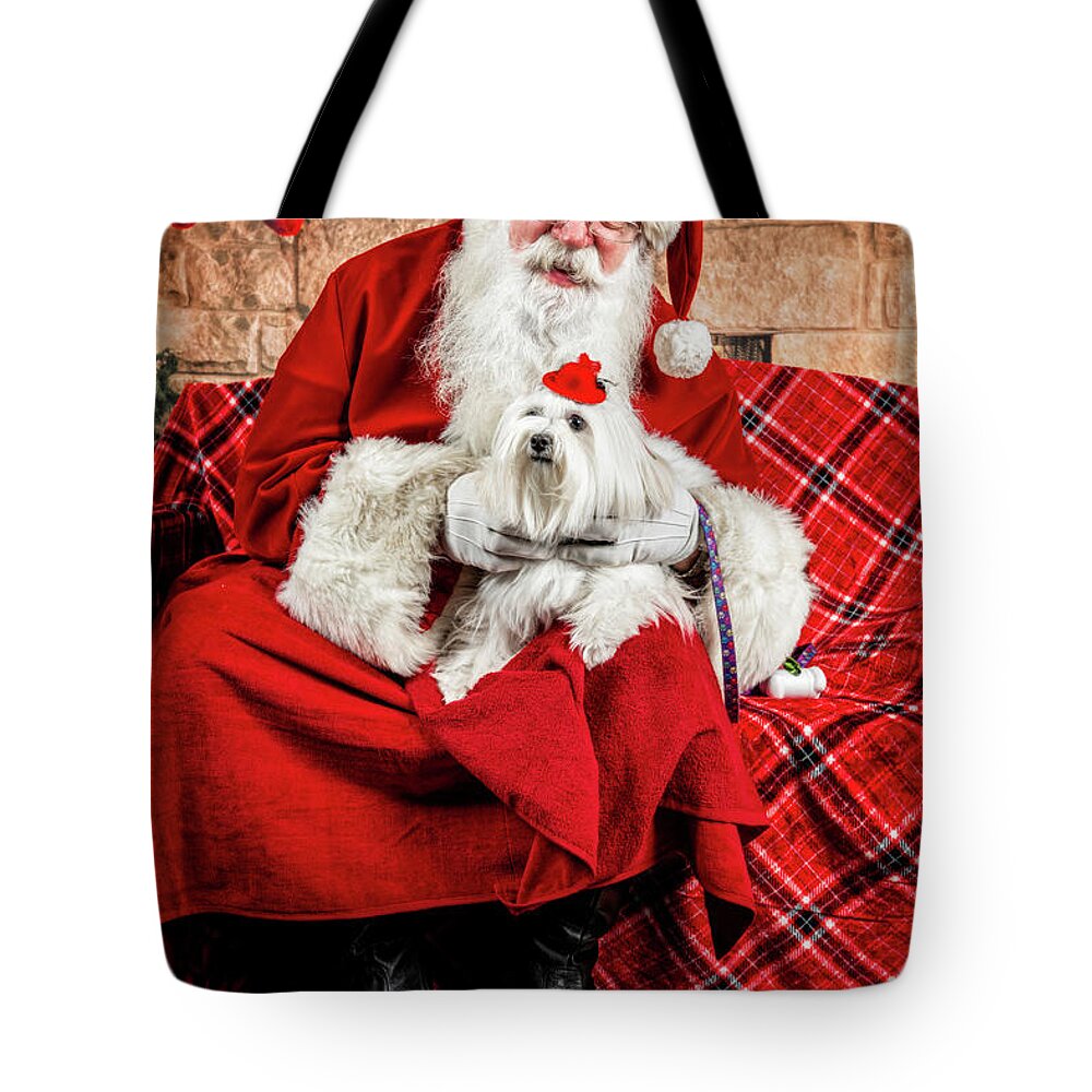 Emmy Tote Bag featuring the photograph Emmy with Santa 2 by Christopher Holmes