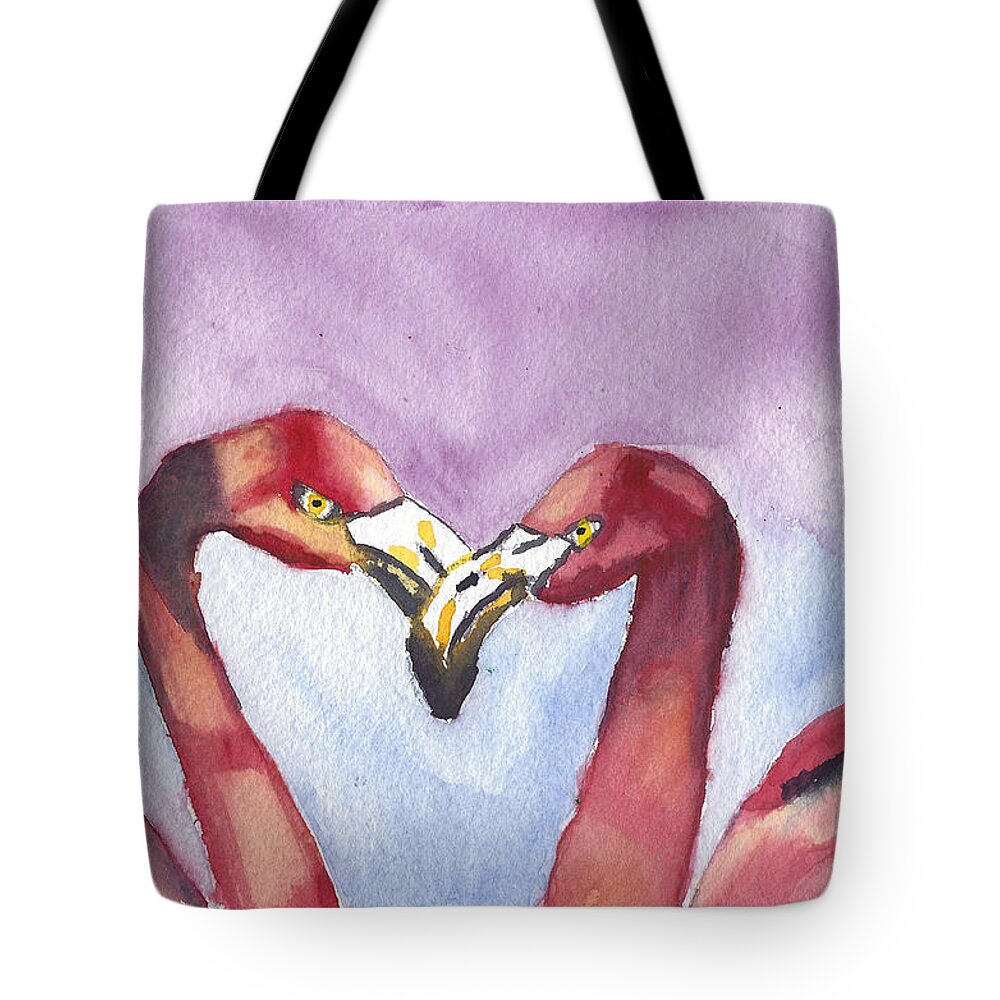 Flamingos Tote Bag featuring the painting Enchanted Watercolor Painting of Two Flamingoes in Love by Ali Baucom