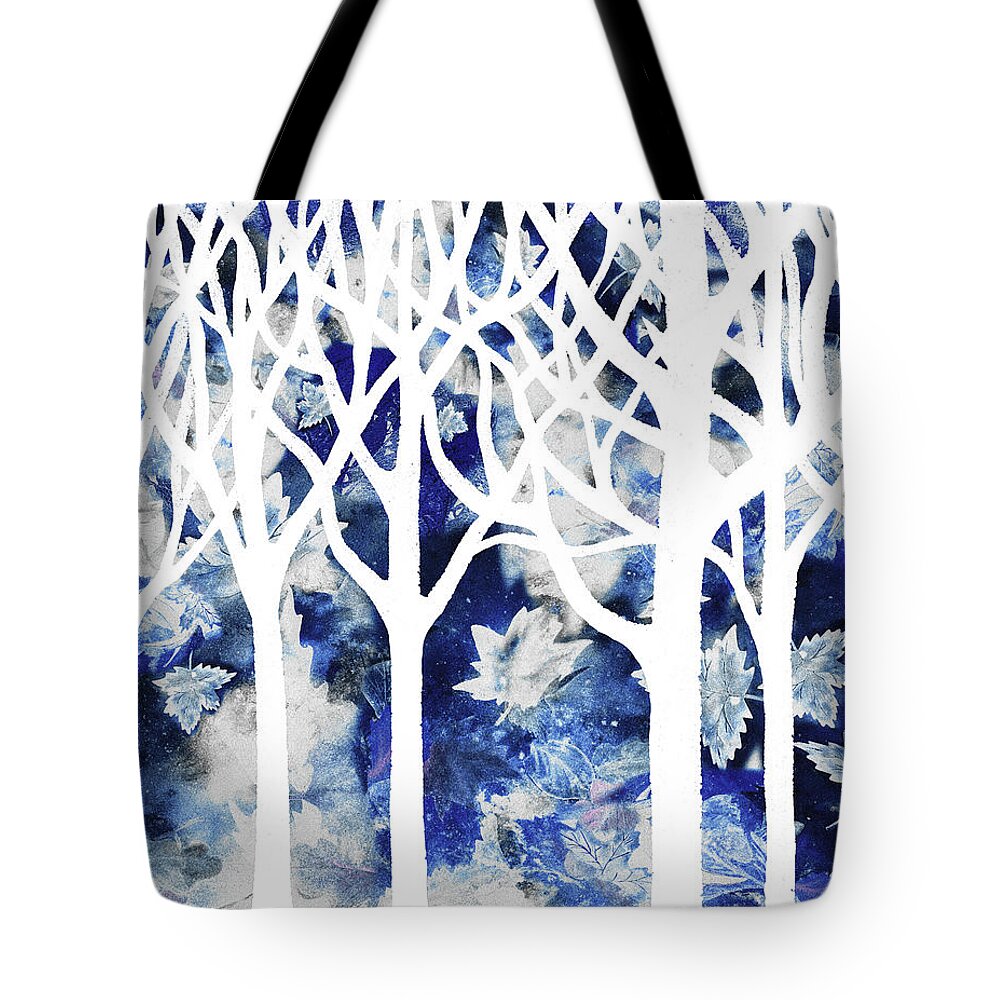 Abstract Forest Tote Bag featuring the painting Enchanted Winter Forest Watercolor Silhouette White Trees And Branches Blue Ground by Irina Sztukowski
